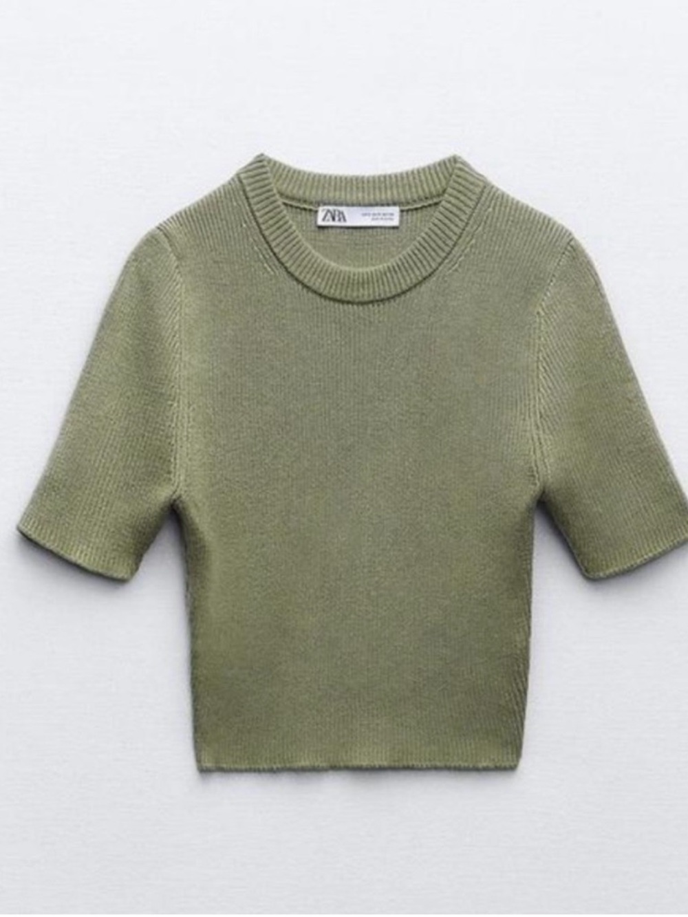 ZARA Olive Ribbed Short Sleeve Knit Top